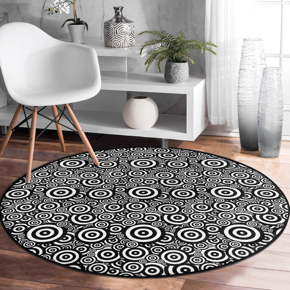 Geometric Round Rug|Non-Slip Round Carpet|Abstract Area Carpet|Abstract Boho Rug|Black White Decor|Decorative Modern Multi-Purpose Mat