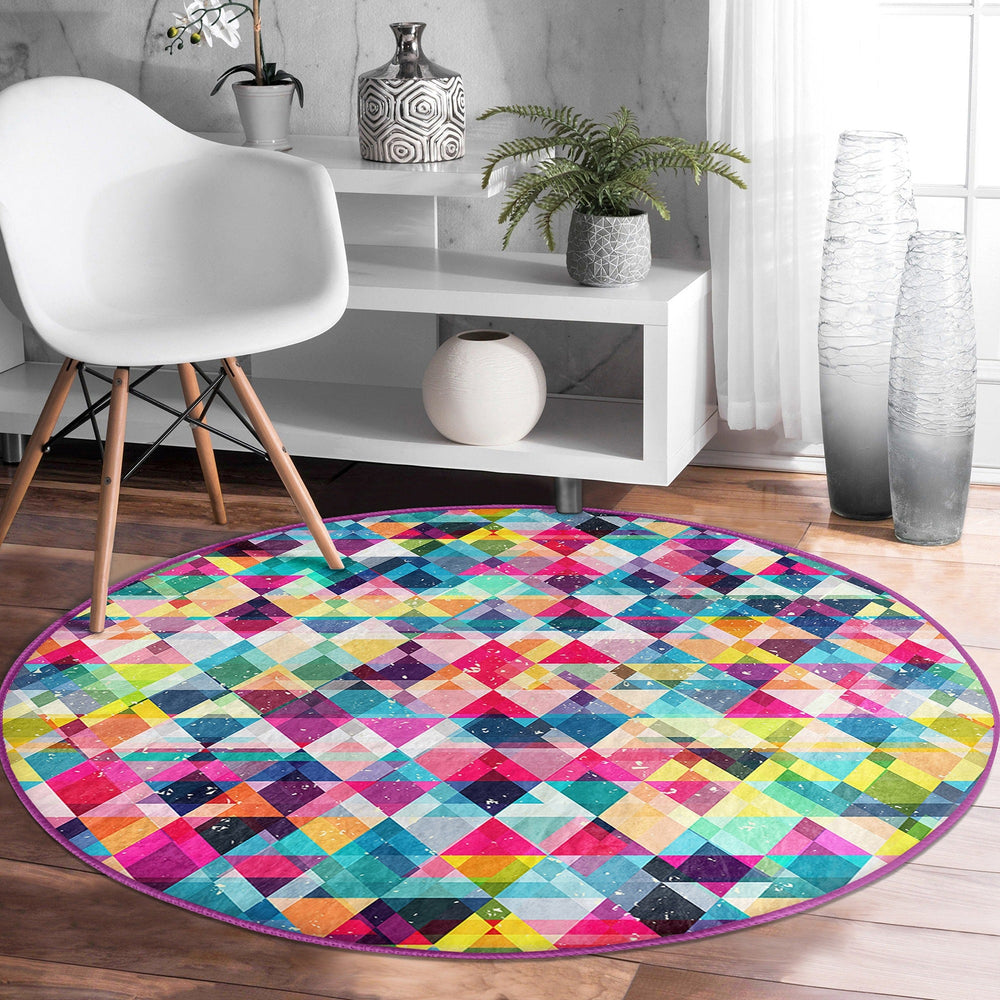 Abstract Round Rug|Non-Slip Round Carpet|Geometric Circle Rug|Abstract Area Rug|Colorful Farmhouse Decor|Decorative Multi-Purpose Mat