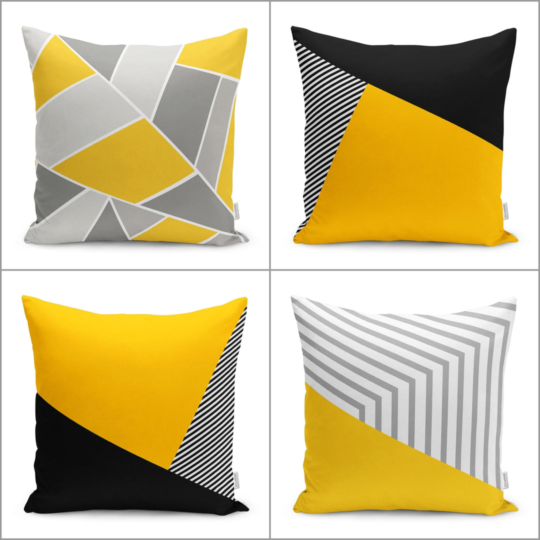 Abstract Pillow Case|Geometric Cushion|Stylish Pillowtop|Decorative Housewarming Pillow|Porch Throw Pillowcase|Yellow Black Gray Cushion