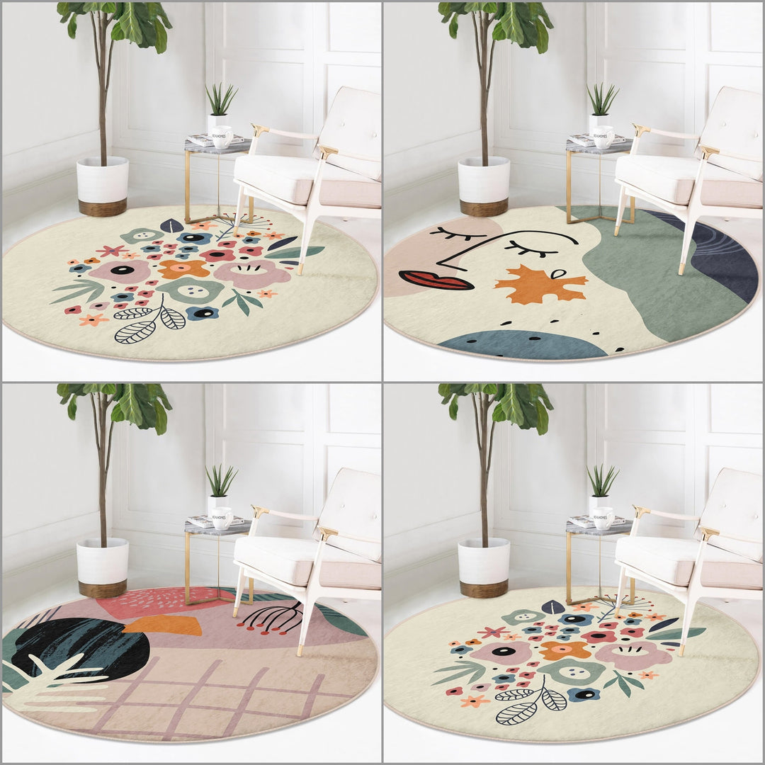 Abstract Round Rug|Non-Slip Round Carpet|Floral Circle Carpet|Abstract Area Rug|Onedraw Woman Face Home Decor|Decorative Multi-Purpose Mat