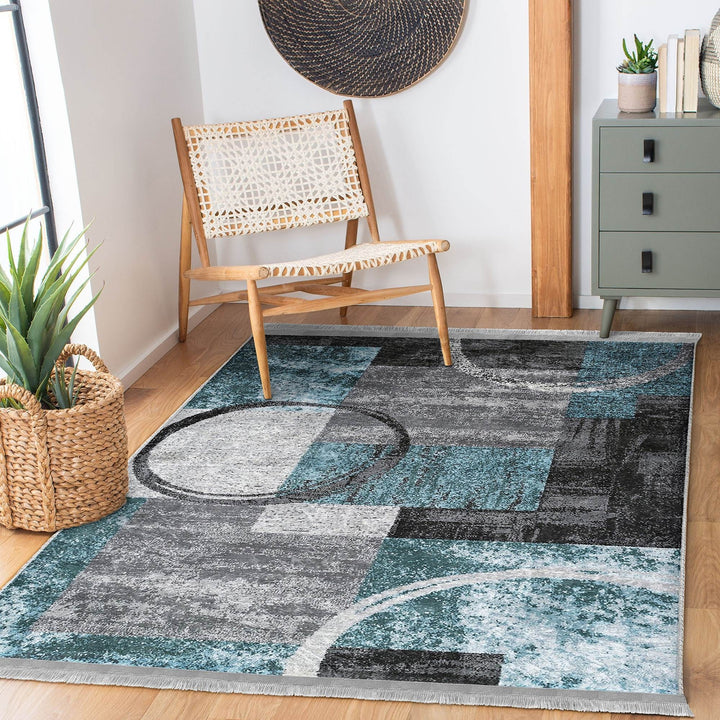 Abstract Area Carpet|Turquoise Gray Rug|Boho Design Rug|Machine-Washable Fringed Non-Slip Mat|Multi-Purpose Anti-Slip Housewarming Carpet