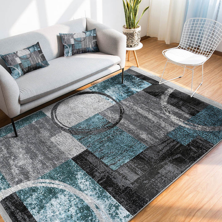 Abstract Area Carpet|Turquoise Gray Rug|Boho Design Rug|Machine-Washable Fringed Non-Slip Mat|Multi-Purpose Anti-Slip Housewarming Carpet