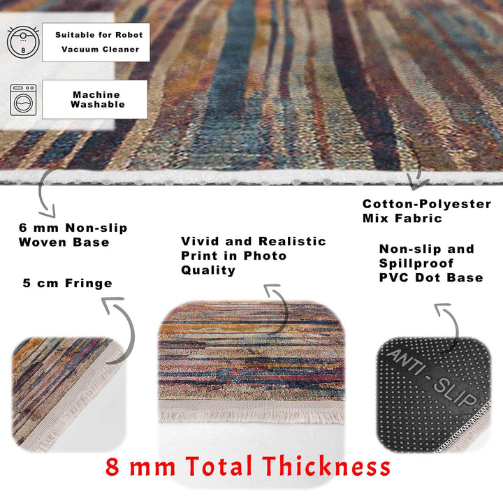 Abstract Area Carpet|Farmhouse Style Rug|Boho Design Rug|Machine-Washable Fringed Non-Slip Mat|Multi-Purpose Anti-Slip Striped Floor Carpet