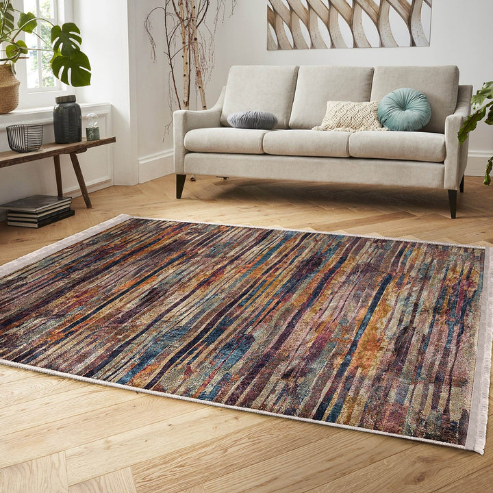 Abstract Area Carpet|Farmhouse Style Rug|Boho Design Rug|Machine-Washable Fringed Non-Slip Mat|Multi-Purpose Anti-Slip Striped Floor Carpet