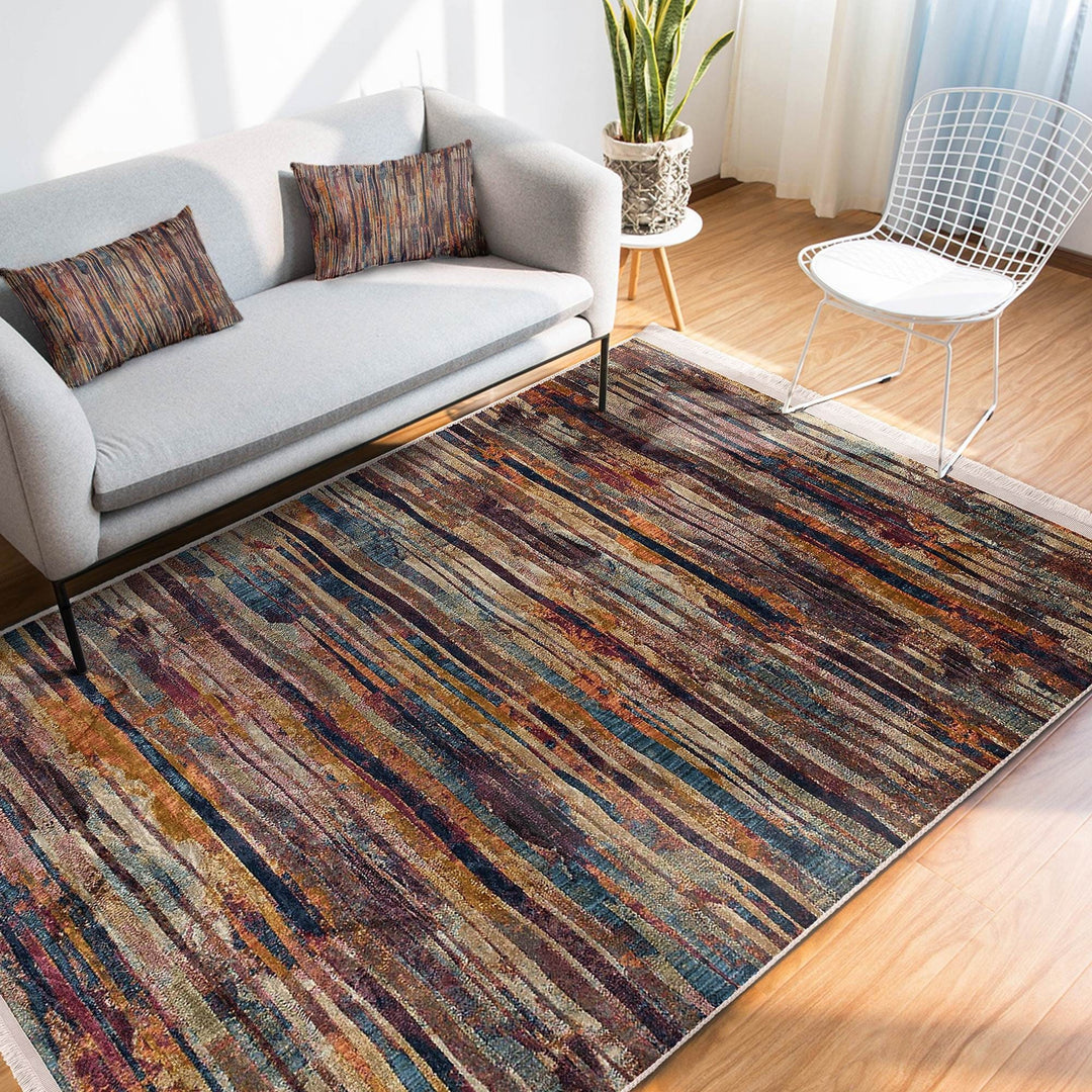 Abstract Area Carpet|Farmhouse Style Rug|Boho Design Rug|Machine-Washable Fringed Non-Slip Mat|Multi-Purpose Anti-Slip Striped Floor Carpet