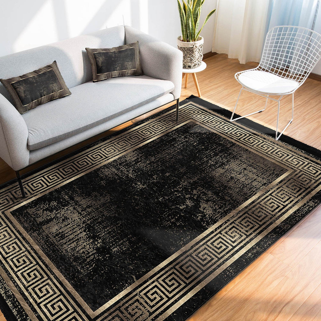 Bordered Area Rug|Greek Key Carpet|Bohemian Decor|Machine-Washable Fringed Non-Slip Mat|Multi-Purpose Anti-Slip Abstract Geometric Carpet