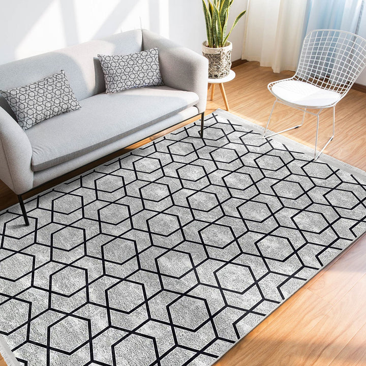 Hexagon Pattern Rug|Abstract Living Room Rug|Geometric Carpet|Machine-Washable Fringed Non-Slip Mat|Decorative Multi-Purpose Anti-Slip Mat