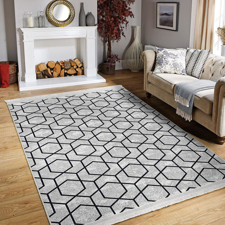 Hexagon Pattern Rug|Abstract Living Room Rug|Geometric Carpet|Machine-Washable Fringed Non-Slip Mat|Decorative Multi-Purpose Anti-Slip Mat