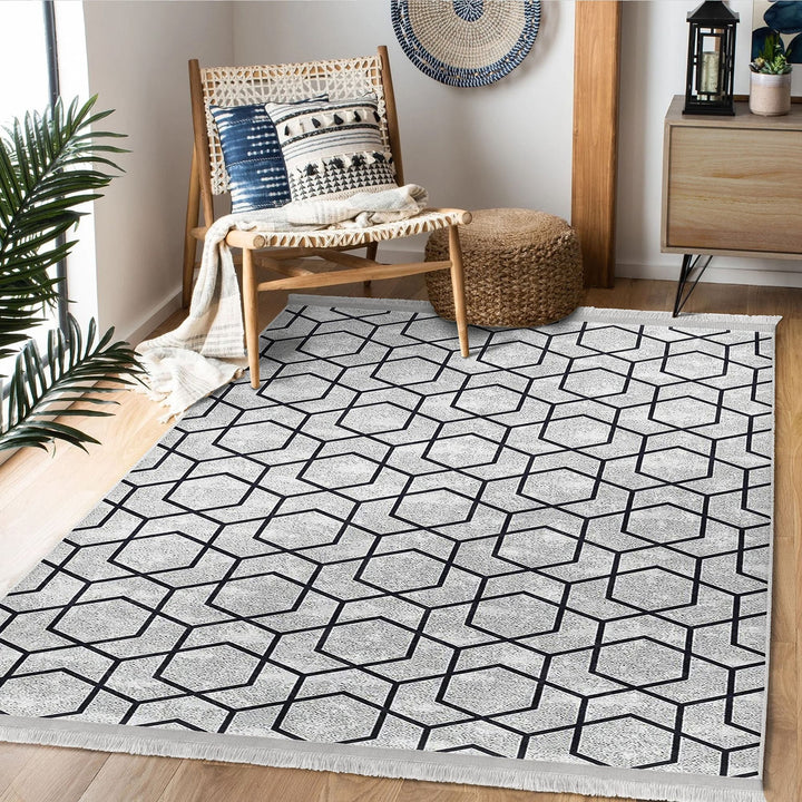 Hexagon Pattern Rug|Abstract Living Room Rug|Geometric Carpet|Machine-Washable Fringed Non-Slip Mat|Decorative Multi-Purpose Anti-Slip Mat