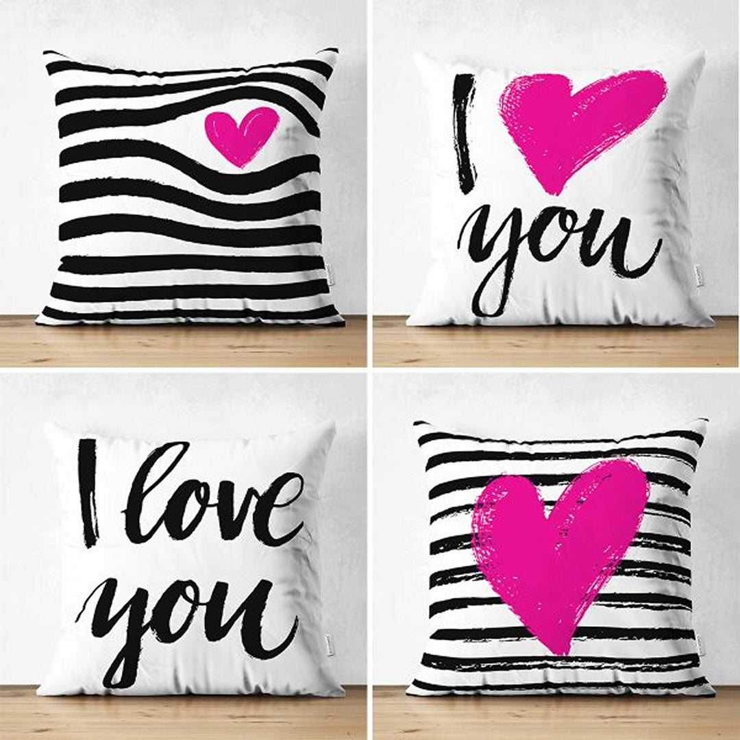 Set of 4 Valentine's Day Pillow Covers|I Love You Print Pillowcase|Pink Heart Cushion Case|Striped Romantic Pillowtop|Love Throw Pillow Case