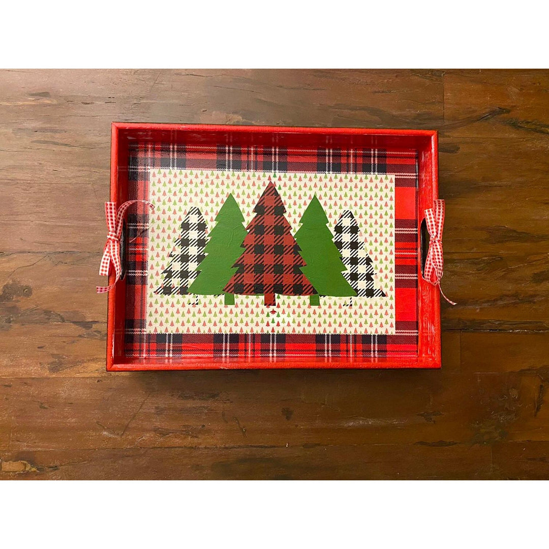 Xmas Serving Tray|Winter Trend Tray|Hand Painted Wooden Tray|Checkered Pine Tree Decor|Xmas Table Decor|Farmhouse Style Gift for Her/Mom