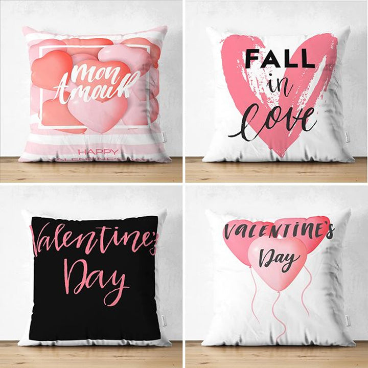 Set of 4 Valentine's Day Pillow Covers|Fall in Love Pillowcase|Pink Heart Cushion Case|Mon Amour Romantic Pillowtop|Love Throw Pillow Case