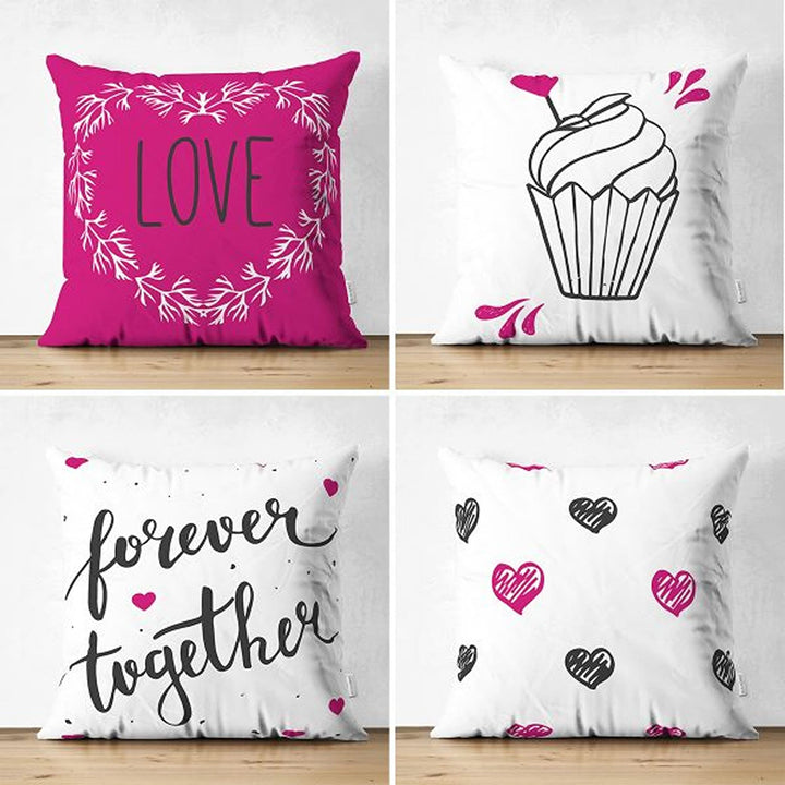 Set of 4 Valentine's Day Pillow Covers|Cupcake Print Pillowcase|Heart Cushion Case|Forever Together Print Pillowtop|Love Throw Pillow Case