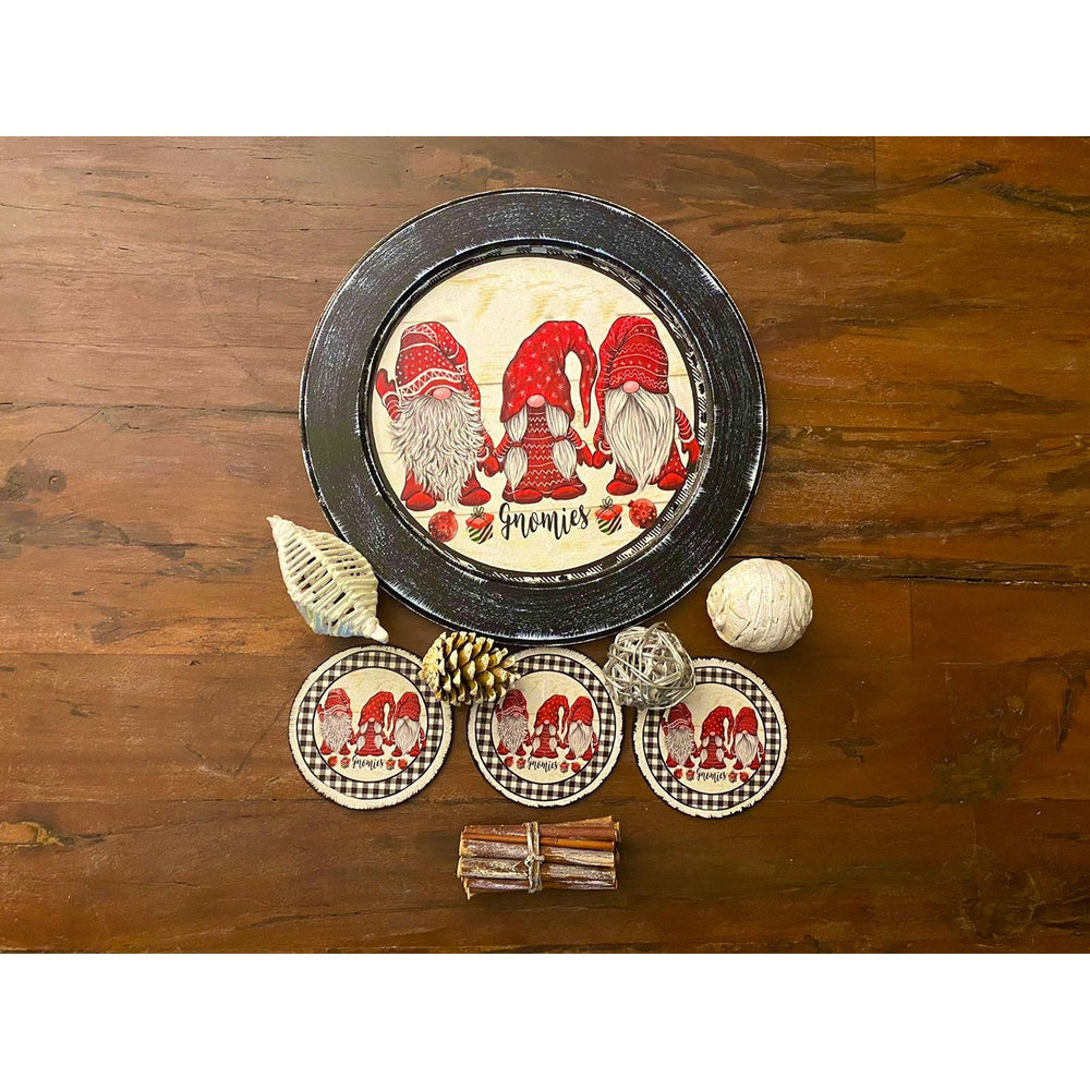 Gnomies Wooden Tray, Coaster Set|Hand Painted Tray|Winter Table Decor|Dwarf Santa Acrylic Paint Plate|Round Serving Tray|Xmas Gift for Her