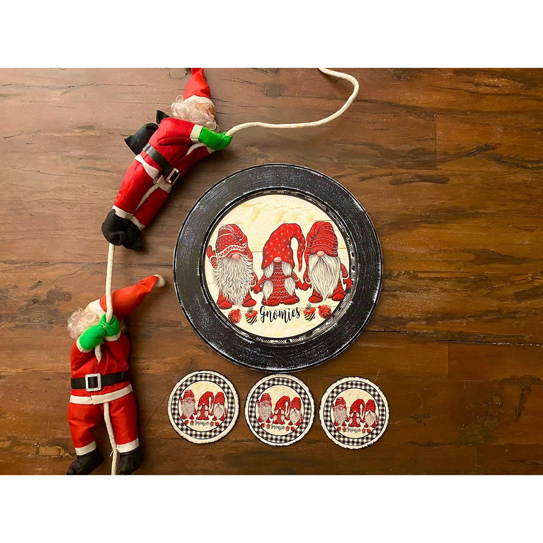 Gnomies Wooden Tray, Coaster Set|Hand Painted Tray|Winter Table Decor|Dwarf Santa Acrylic Paint Plate|Round Serving Tray|Xmas Gift for Her