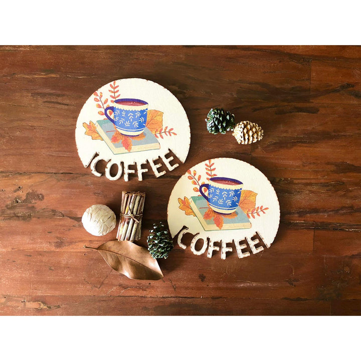 Wooden Coffee Serving Tray Set of 2|Fall Trend Coaster|Coffee Service Board|Coffee Time Tea Plate|Dry Leaves Print Housewarming Gift Idea