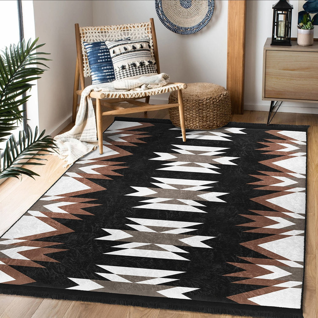 Rug Design Carpet|Southwestern Rug|Rustic Pattern Machine-Washable Non-Slip Mat|Aztec Print Fringed Floor Carpet|Ethnic Geometric Decor