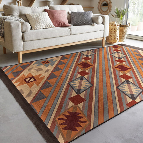 Rug Design Carpet|Farmhouse Terracotta Rug|Ethnic Geometric Machine-Washable Non-Slip Mat|Southwestern Aztec Fringed Anti-Slip Floor Mat