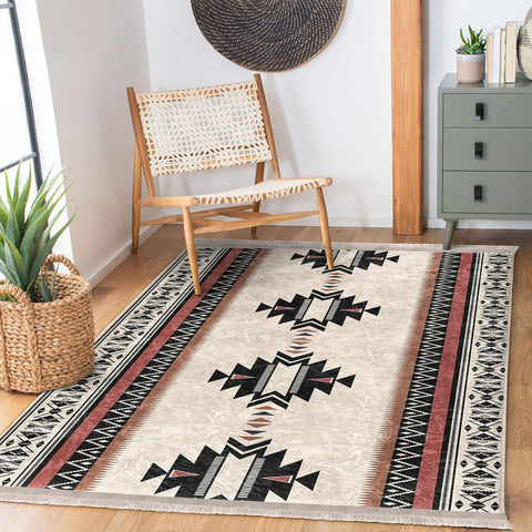 Rug Design Carpet|Ethnic Geometric Rug|Southwestern Carpet|Aztec Print Fringed Farmhouse Floor Covering|Rustic Machine-Washable Non-Slip Mat