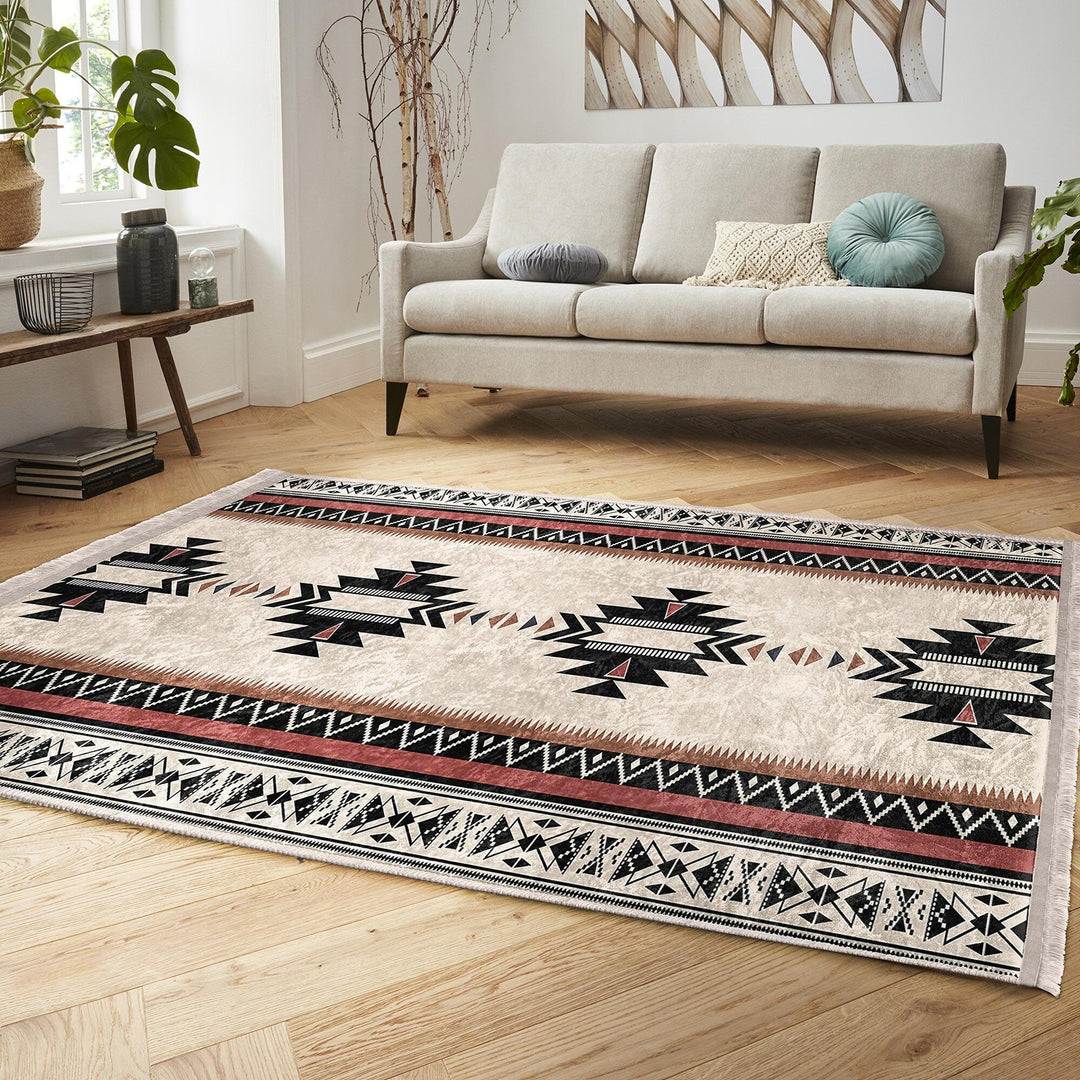 Rug Design Carpet|Ethnic Geometric Rug|Southwestern Carpet|Aztec Print Fringed Farmhouse Floor Covering|Rustic Machine-Washable Non-Slip Mat