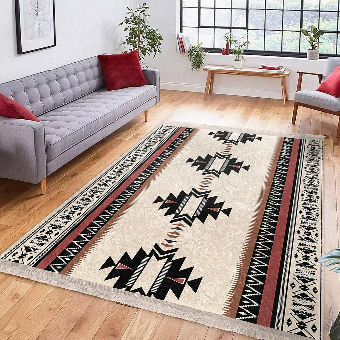 Rug Design Carpet|Ethnic Geometric Rug|Southwestern Carpet|Aztec Print Fringed Farmhouse Floor Covering|Rustic Machine-Washable Non-Slip Mat