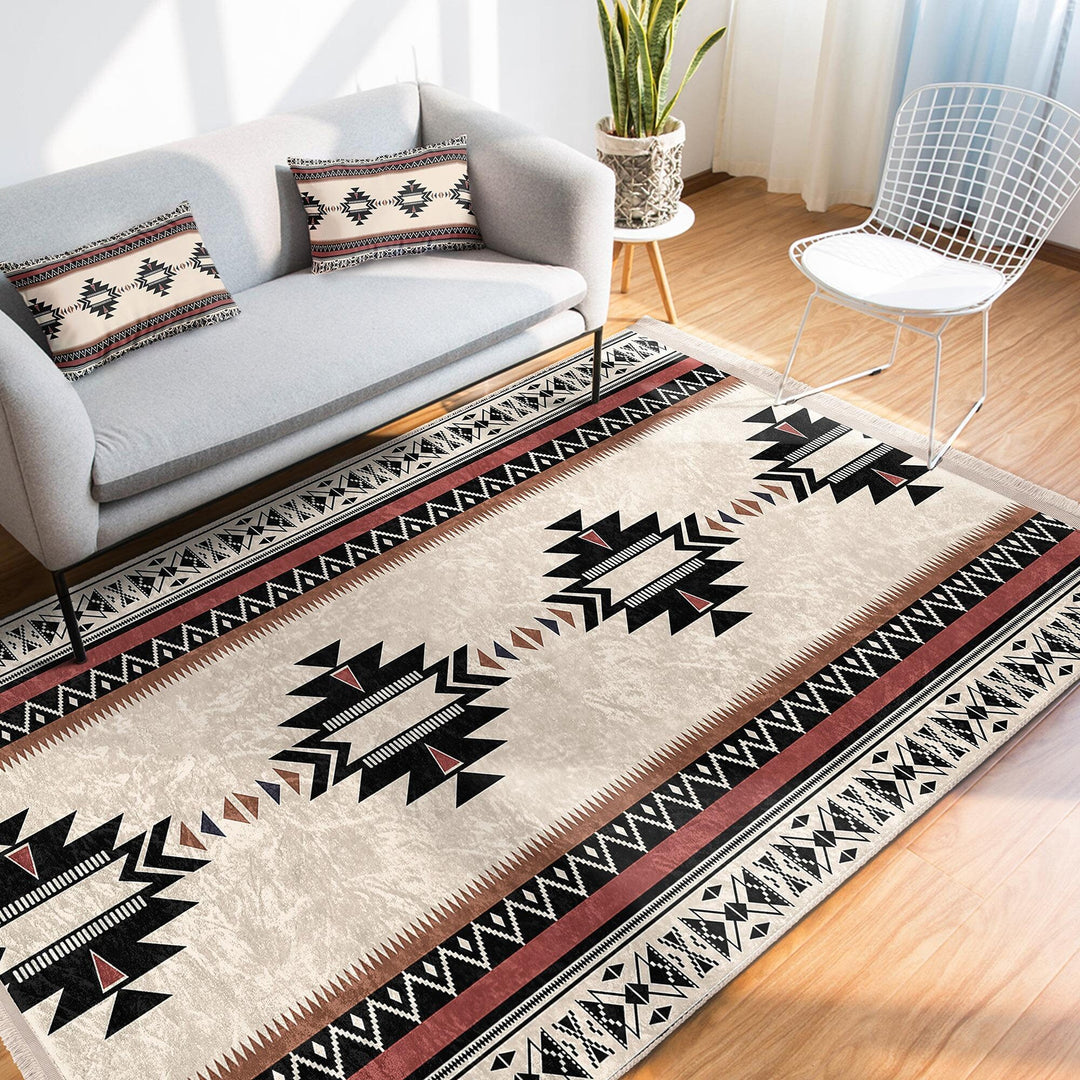 Rug Design Carpet|Ethnic Geometric Rug|Southwestern Carpet|Aztec Print Fringed Farmhouse Floor Covering|Rustic Machine-Washable Non-Slip Mat