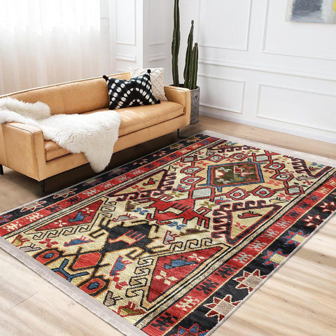 Rug Design Carpet|Ethnic Geometric Rug|Kilim Pattern Carpet|Aztec Print Fringed Floor Covering|Rustic Pattern Machine-Washable Non-Slip Mat