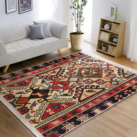 Rug Design Carpet|Ethnic Geometric Rug|Kilim Pattern Carpet|Aztec Print Fringed Floor Covering|Rustic Pattern Machine-Washable Non-Slip Mat