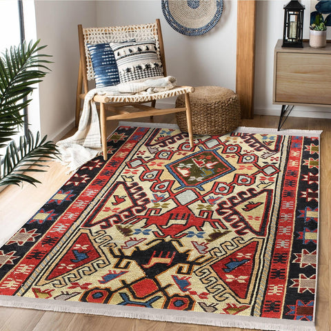 Rug Design Carpet|Ethnic Geometric Rug|Kilim Pattern Carpet|Aztec Print Fringed Floor Covering|Rustic Pattern Machine-Washable Non-Slip Mat