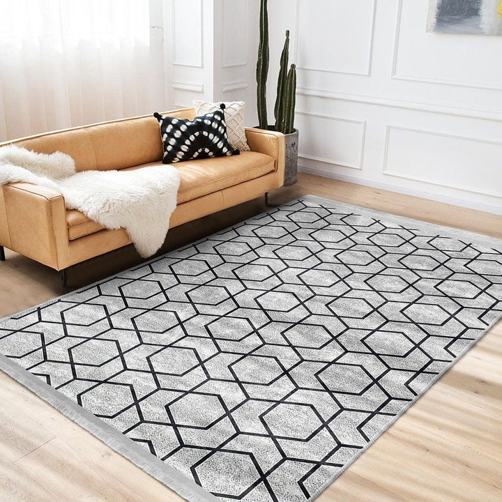 Hexagon Pattern Rug|Abstract Living Room Rug|Geometric Carpet|Machine-Washable Fringed Non-Slip Mat|Decorative Multi-Purpose Anti-Slip Mat