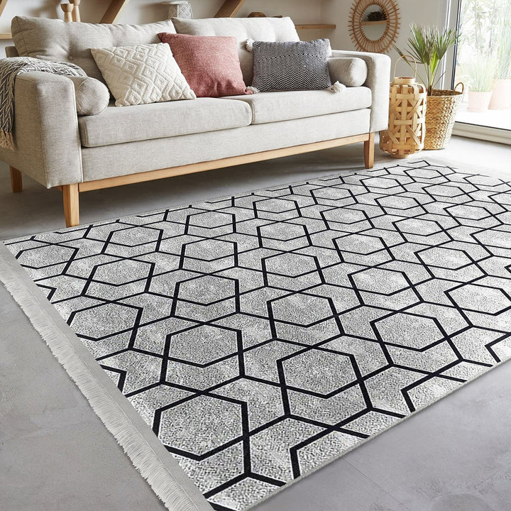 Hexagon Pattern Rug|Abstract Living Room Rug|Geometric Carpet|Machine-Washable Fringed Non-Slip Mat|Decorative Multi-Purpose Anti-Slip Mat