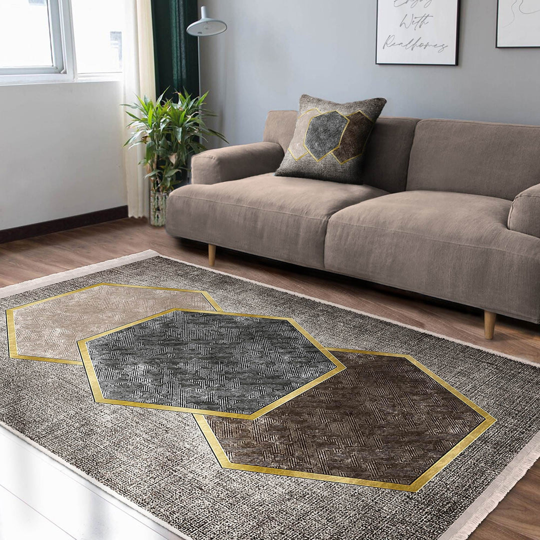 Hexagon Pattern Rug|Geometric Area Rug|Machine-Washable Fringed Non-Slip Mat|Modern Multi-Purpose Anti-Slip Carpet|Abstract Living Room Rug