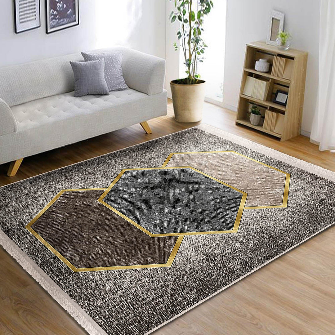 Hexagon Pattern Rug|Geometric Area Rug|Machine-Washable Fringed Non-Slip Mat|Modern Multi-Purpose Anti-Slip Carpet|Abstract Living Room Rug