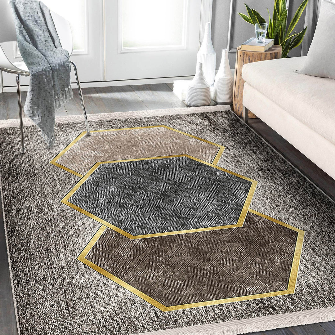 Hexagon Pattern Rug|Geometric Area Rug|Machine-Washable Fringed Non-Slip Mat|Modern Multi-Purpose Anti-Slip Carpet|Abstract Living Room Rug