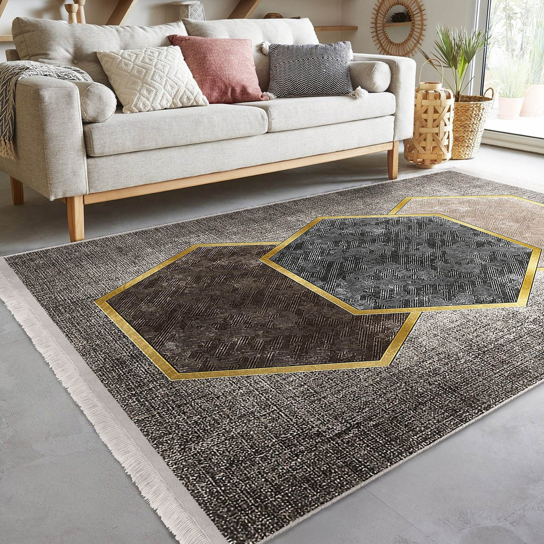 Hexagon Pattern Rug|Geometric Area Rug|Machine-Washable Fringed Non-Slip Mat|Modern Multi-Purpose Anti-Slip Carpet|Abstract Living Room Rug