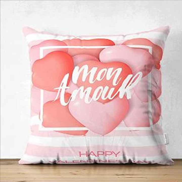 Set of 4 Valentine's Day Pillow Covers|Fall in Love Pillowcase|Pink Heart Cushion Case|Mon Amour Romantic Pillowtop|Love Throw Pillow Case