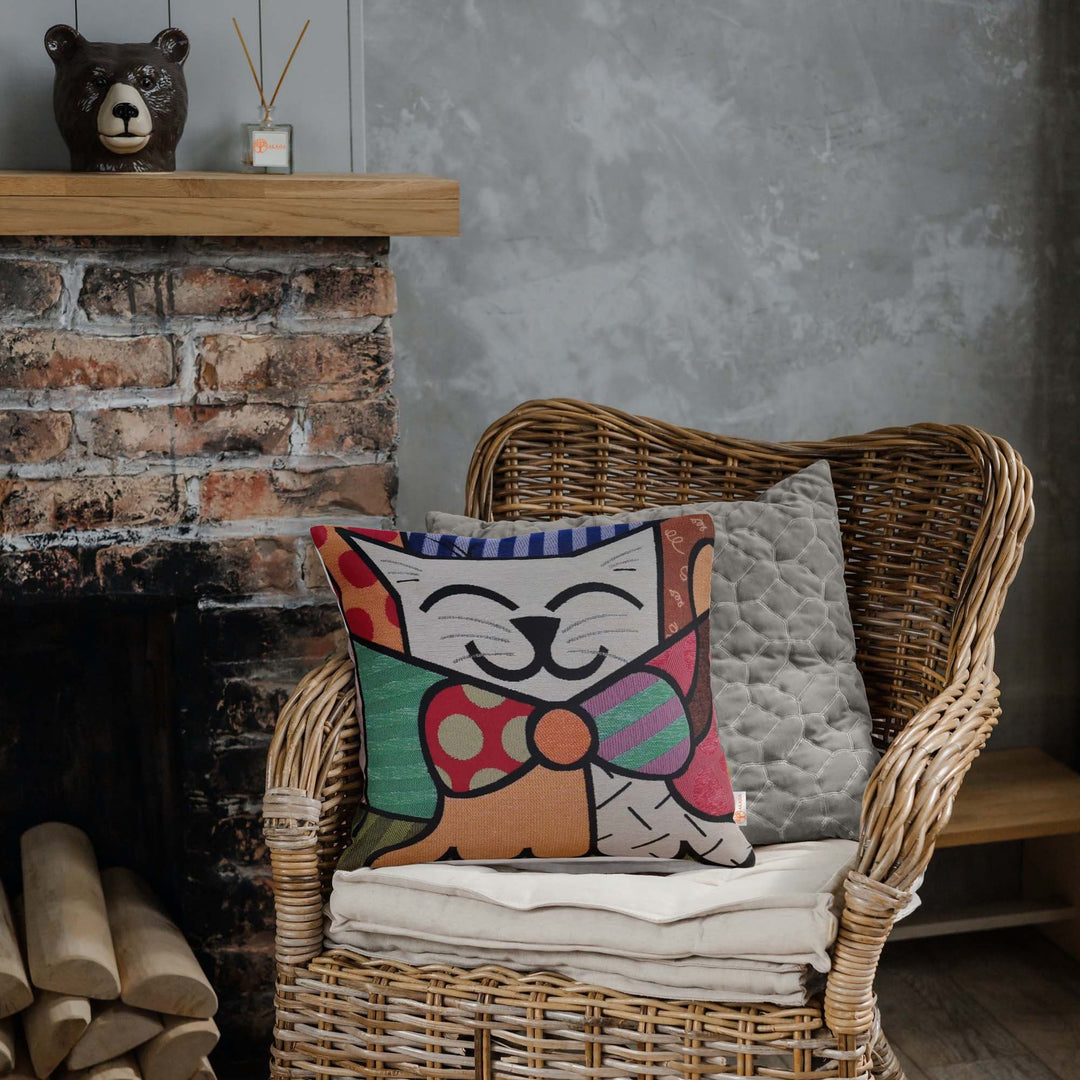 Cute Cats Pillow Cover|Decorative Gobelin Tapestry Pillowcase|Authentic Woven Throw Pillow Top|Outdoor Cushion Case|Colorful Cat Home Decor