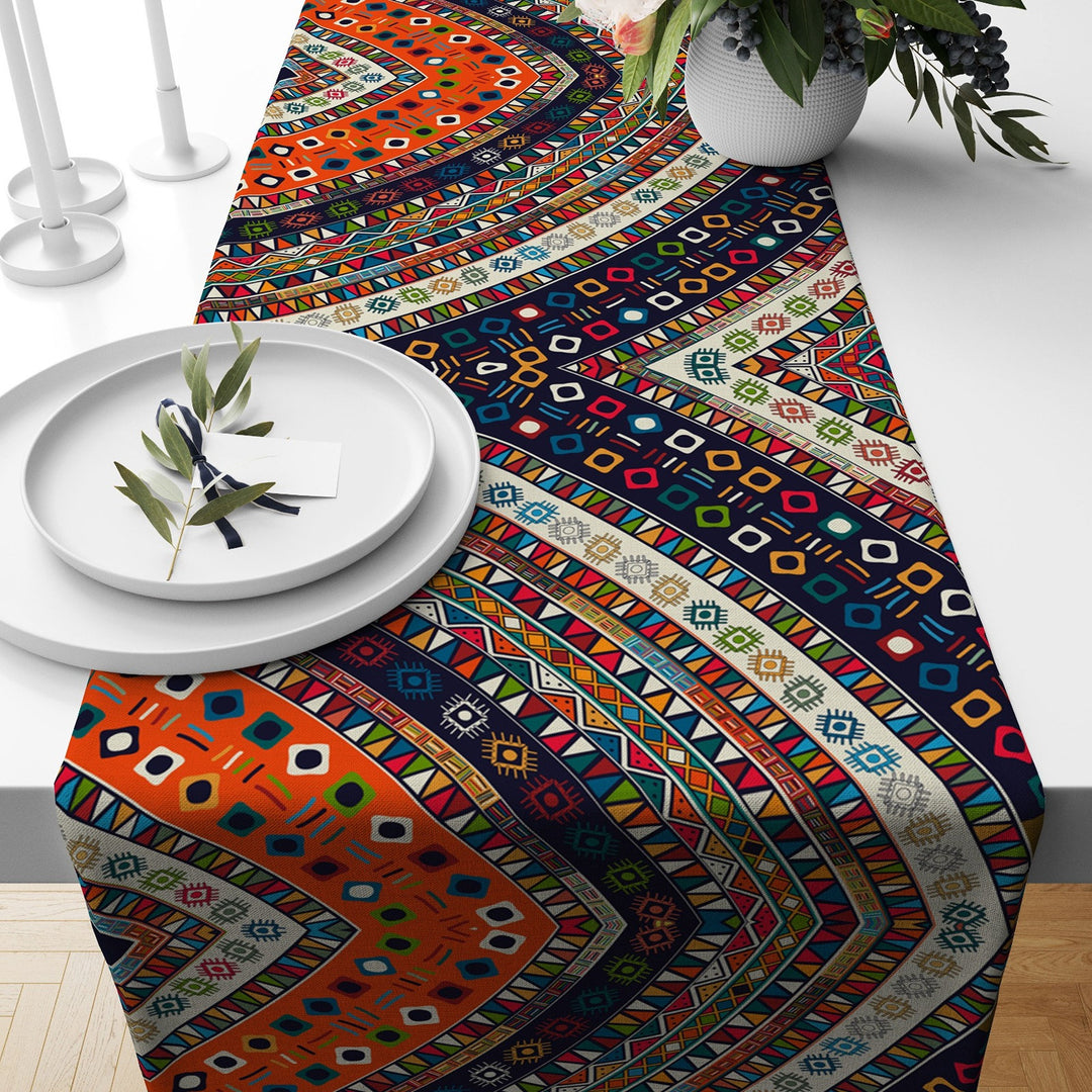 Tribal Table Runner|Colorful Tablecloth|Abstract Home Decor|Authentic Ethnic Rug Tabletop|Farmhouse Style Geometric Decorative Runner