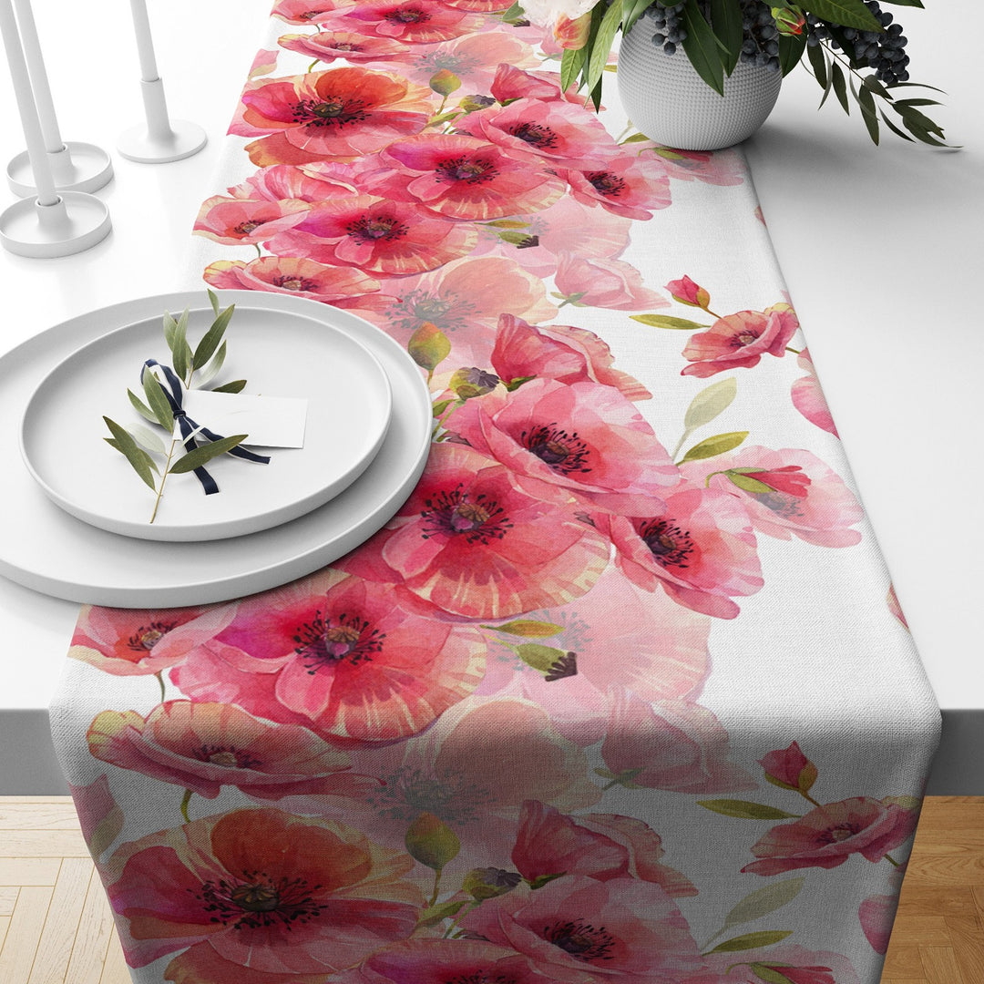 Floral Table Runner|Summer Trend Tablecloth|Rose Home Decor|Housewarming Rectangle Runner|Farmhouse Style Floral Pink Poppy Print Tabletop