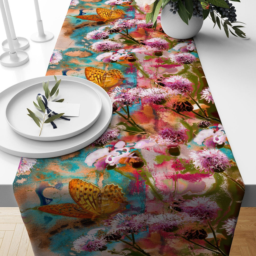 Floral Bird Runner|Summer Trend Tablecloth|Butterfly Home Decor|Housewarming Rectangle Runner|Farmhouse Style Decorative Floral Tabletop