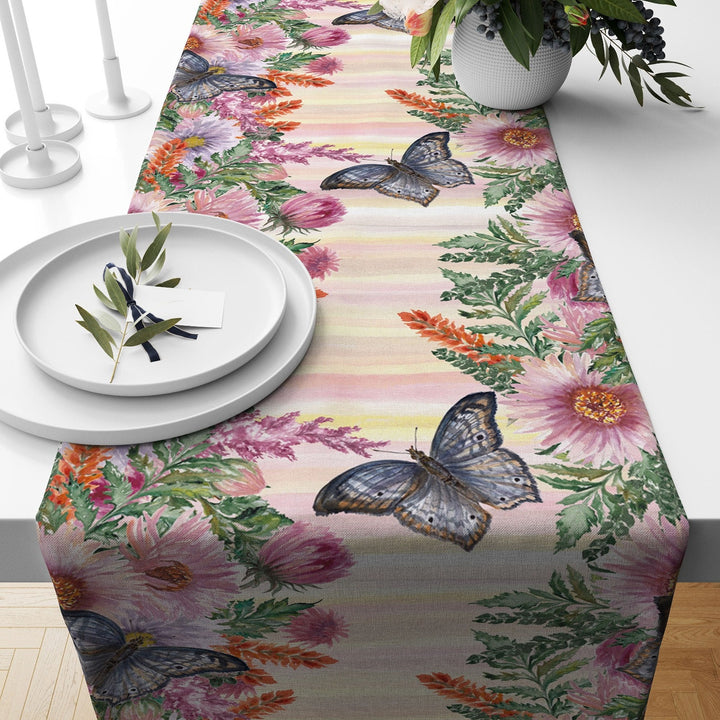 Floral Bird Runner|Summer Trend Tablecloth|Butterfly Home Decor|Housewarming Rectangle Runner|Farmhouse Style Decorative Floral Tabletop