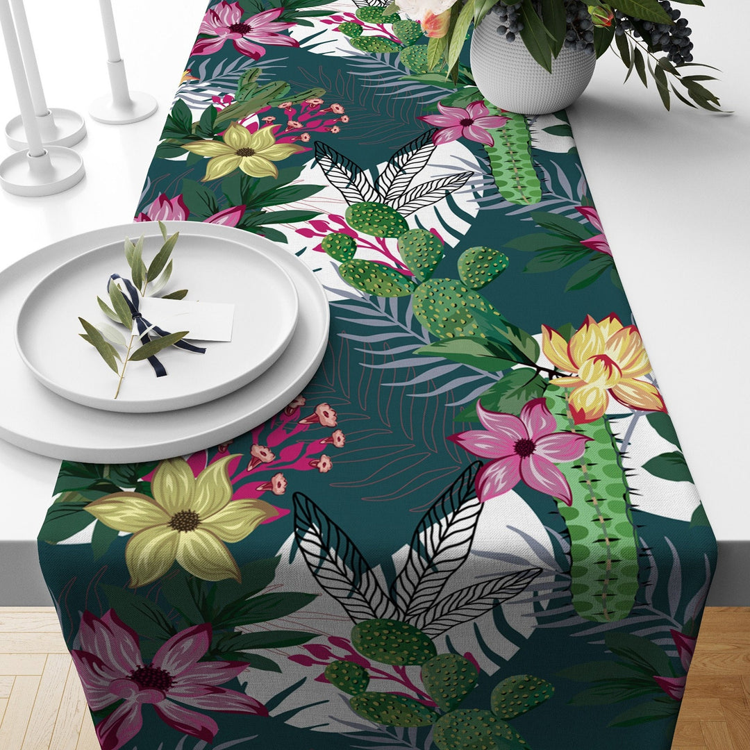 Cactus Table Runner|Farmhouse Style Succulent Tablecloth|Plant Print Tabletop|Floral Cactus Kitchen Decor|Housewarming Rectangle Runner