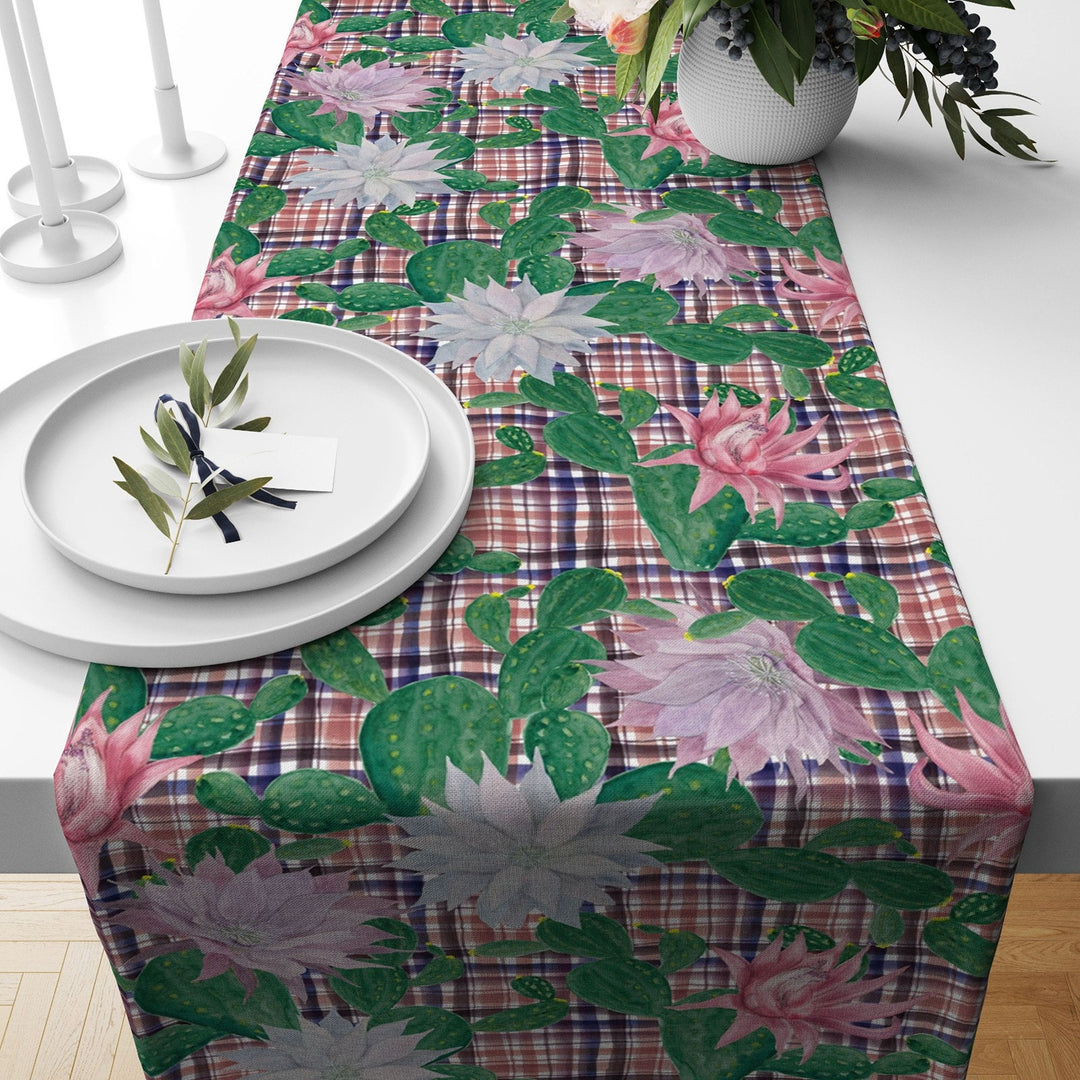 Cactus Table Runner|Farmhouse Style Succulent Tablecloth|Plant Print Tabletop|Floral Cactus Kitchen Decor|Housewarming Rectangle Runner