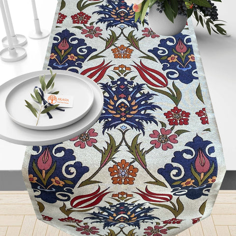 Tile Pattern Tapestry Table Runner with Tulip