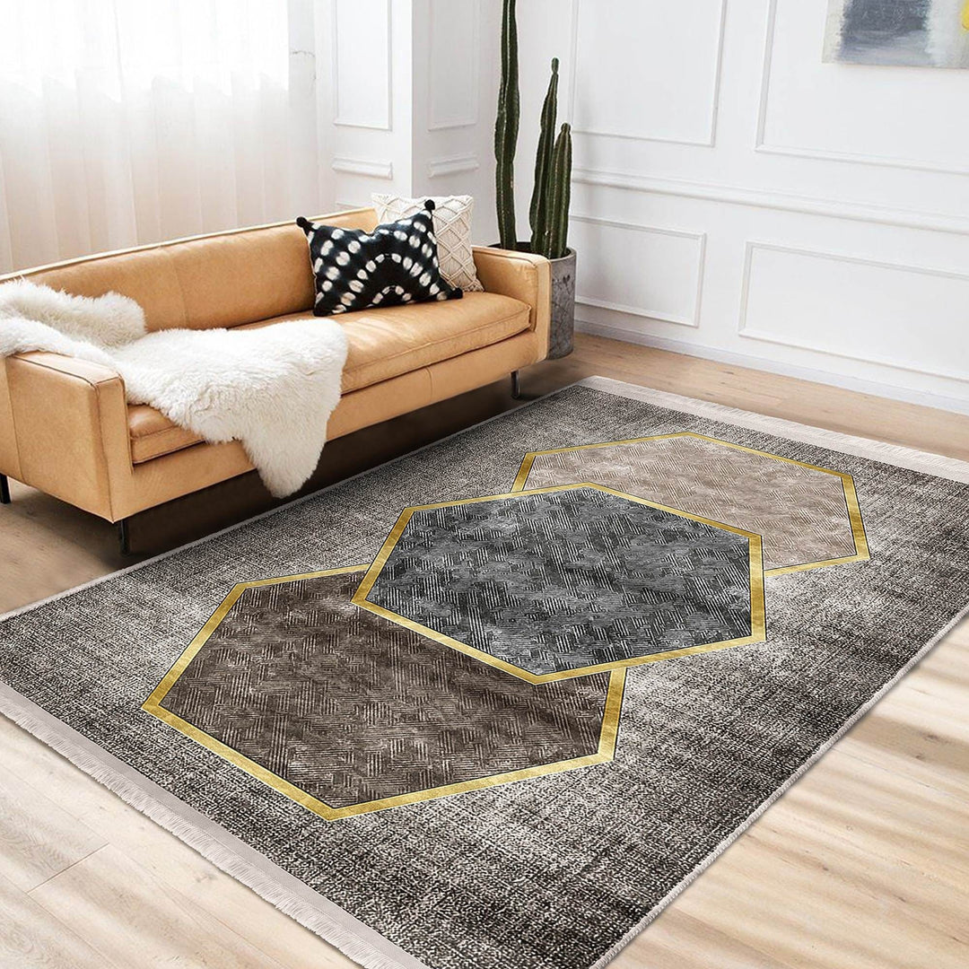 Hexagon Pattern Rug|Geometric Area Rug|Machine-Washable Fringed Non-Slip Mat|Modern Multi-Purpose Anti-Slip Carpet|Abstract Living Room Rug