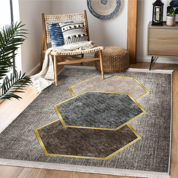 Hexagon Pattern Rug|Geometric Area Rug|Machine-Washable Fringed Non-Slip Mat|Modern Multi-Purpose Anti-Slip Carpet|Abstract Living Room Rug