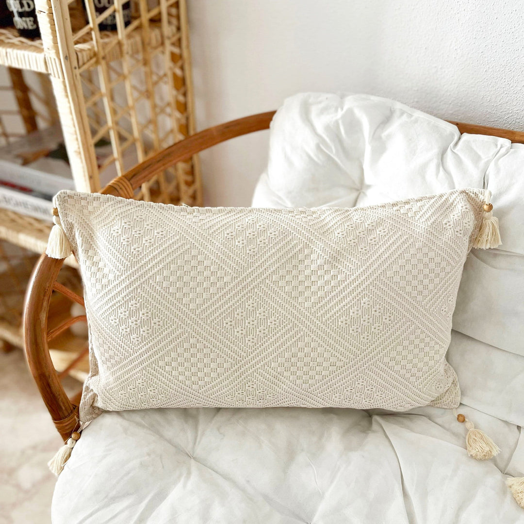 Cotton Pillow Cover|Buldan Cushion Case|Organic Beige Pillowcase|Boho Style Handmade Pillow Sham|Tasseled Cushion|Authentic Throw Pillowtop