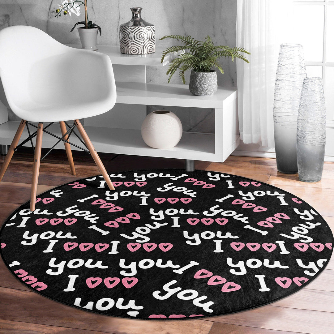 Circular Love Rug|Love Themed Carpet|V-Day Carpet|Round Floor Mat|Circular Area Mat|Heart Floor Decor|Circle Non-Slip Rug|Circle Cat Decor