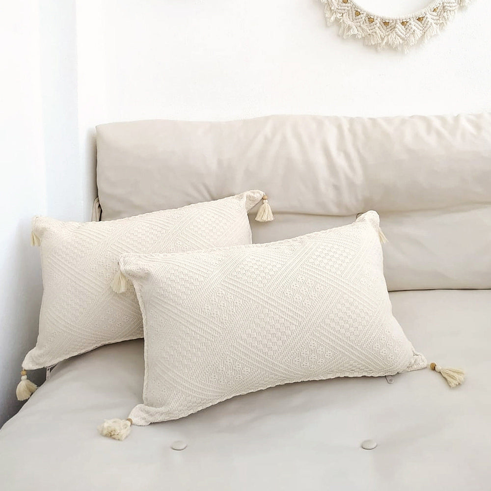 Cotton Pillow Cover Sets|Buldan Cushion Case|Organic Beige Pillowcase|Boho Handmade Pillow Sham|Tasseled Cushion|Authentic Throw Pillowtop