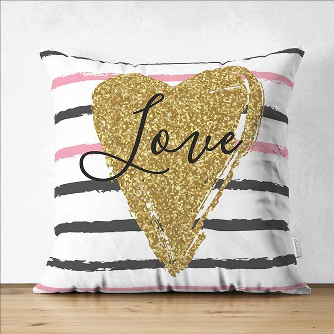 Love Pillow Cover|Love You Dear Pillowcase|Gold Heart Cushion|Hello Print Pillow|Be Mine Cushion Cover|Best Gift for Her|Valentine Pillowtop